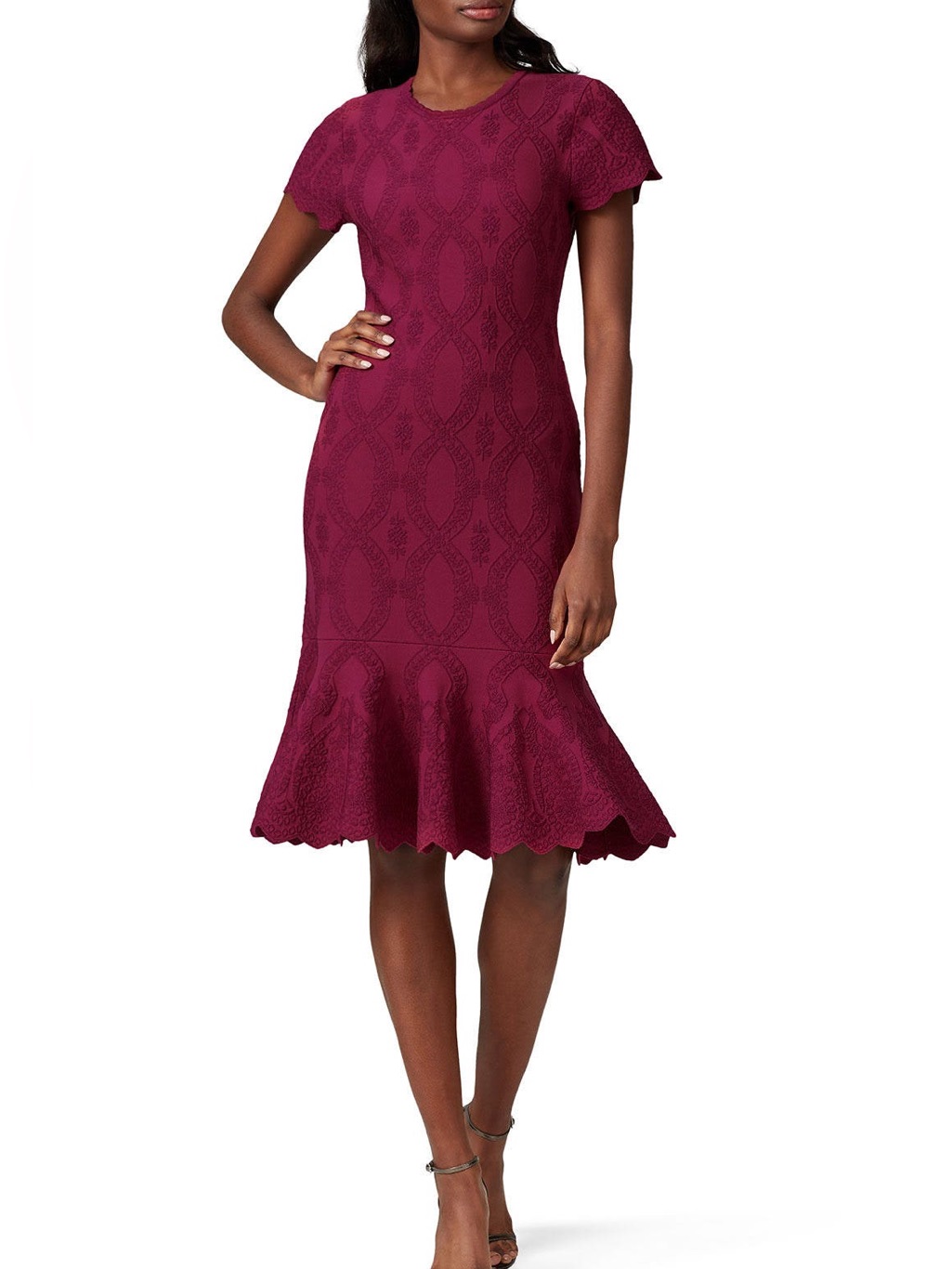 Prada Burgundy Lace Midi Dress With Scalloped Hem